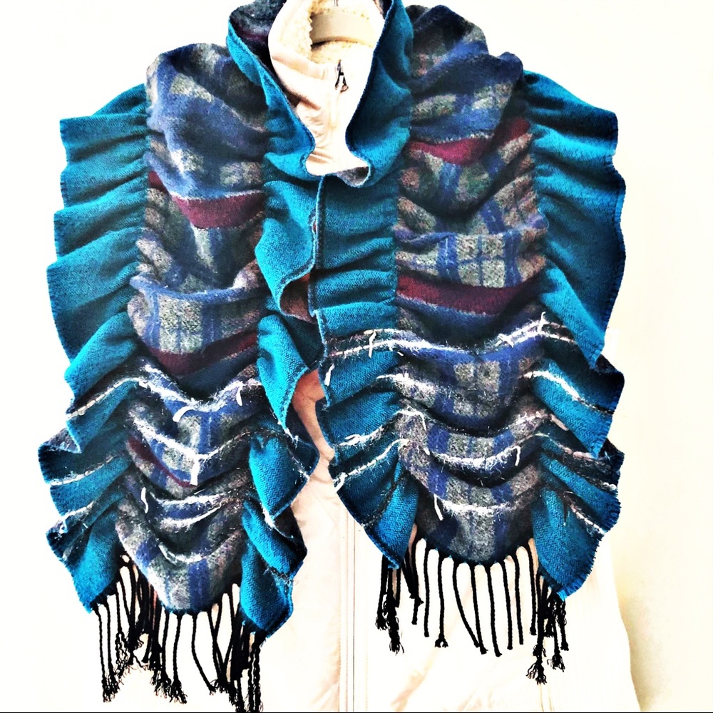 Scarf Wrap Acrylic Teal Multi Color Plaid  Center Ruffle Fringe Warm Made France